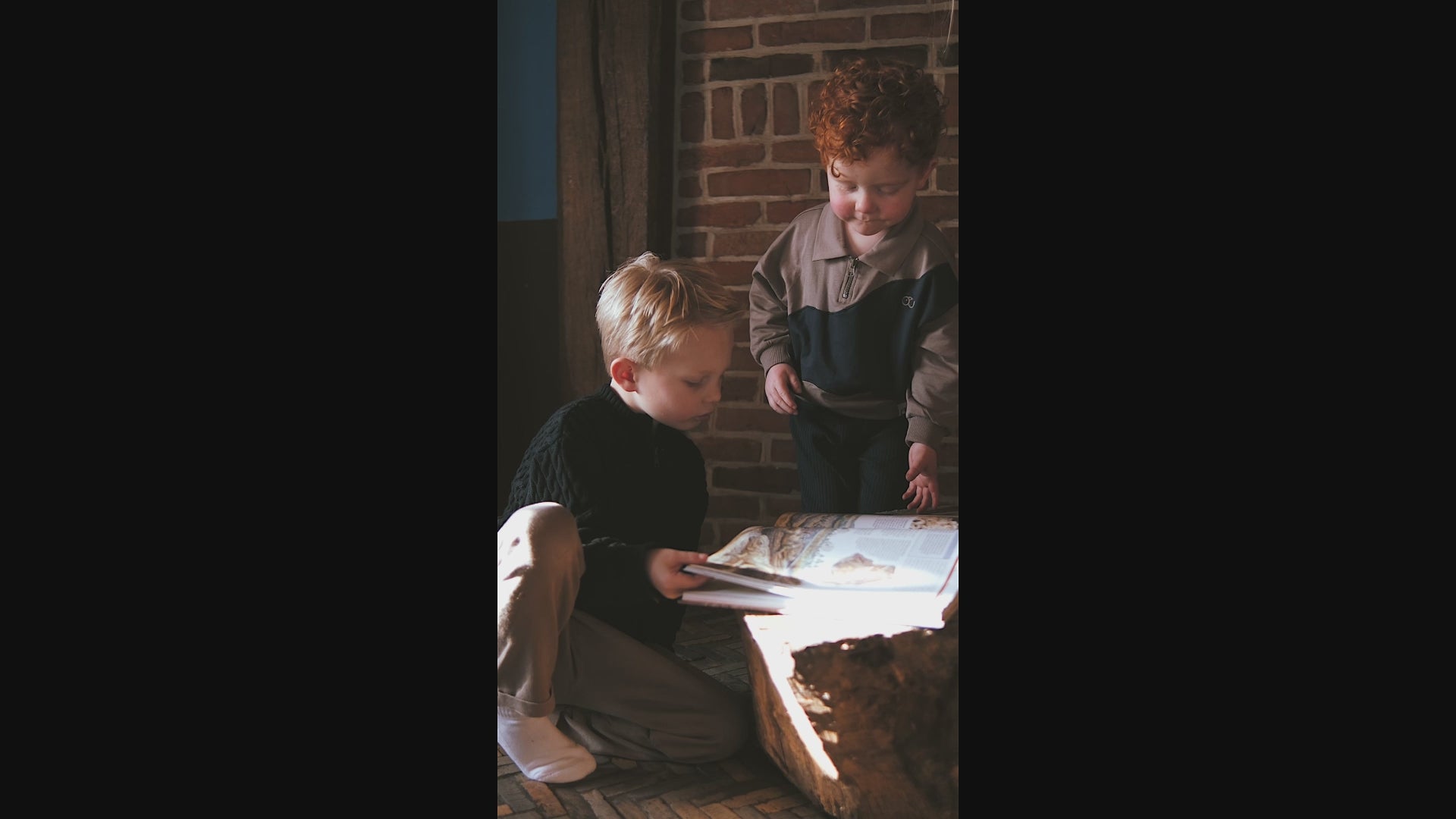 Jongens in jongens kleding Mr. Loutre en lezen samen dino boek, trui jongens