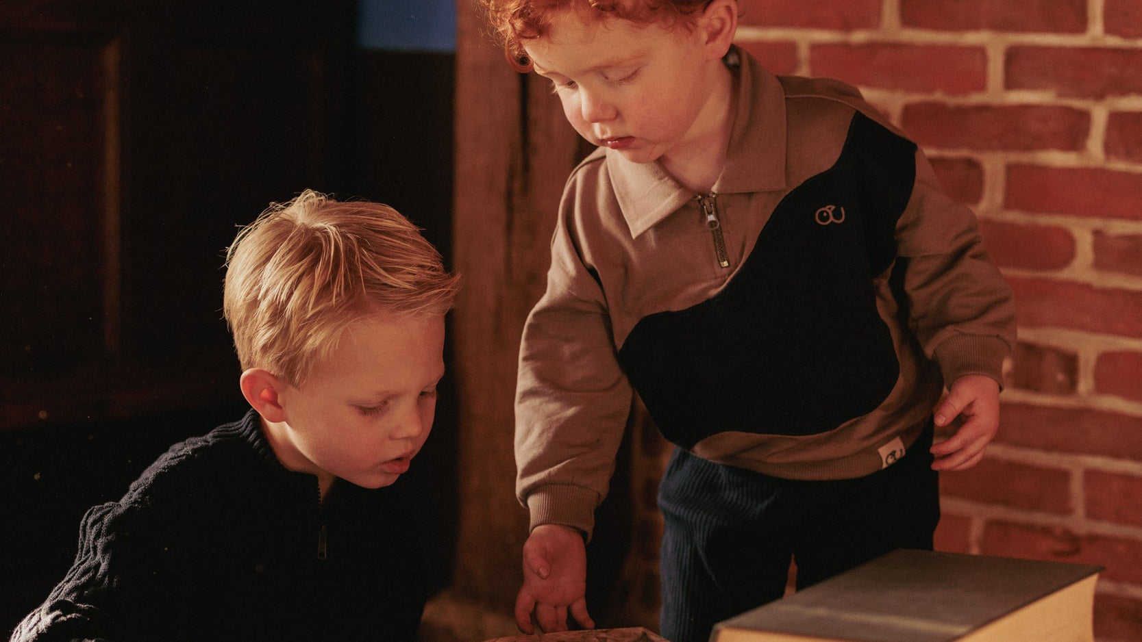 Jongens in jongens kleding van Mr. Loutre die samen een boek over dino's lezen 